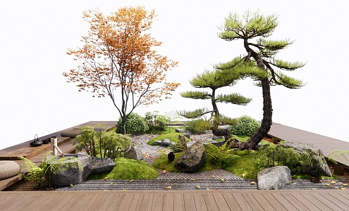 New Chinese style landscape landscaping courtyard sketch landscape stone micro-terrain Pohan pine landscape trees fern plants 3d model