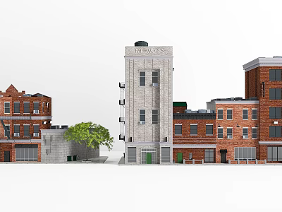 Urban Street Scene With Historic Red Brick And Modern Buildings Including City Hall And Tree 3d model