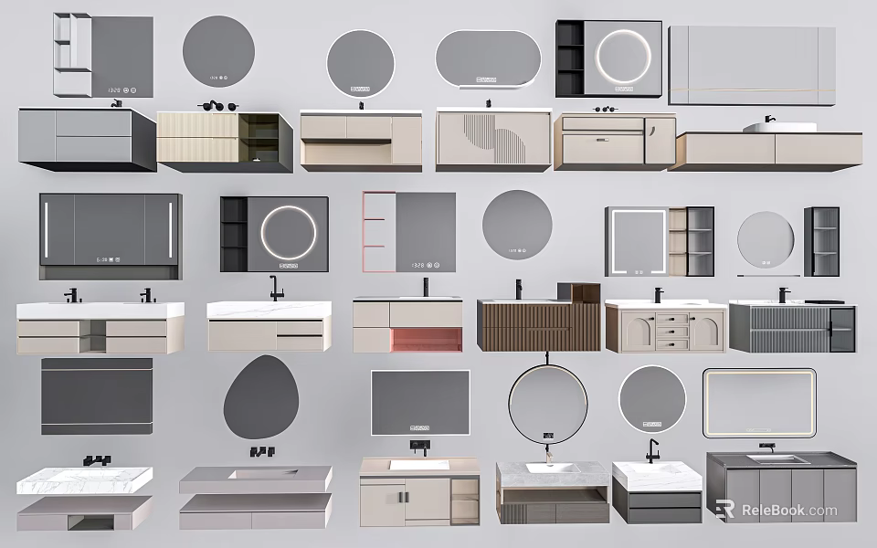 Various Modern Bathroom Vanity Designs With Mirrors And Storage Drawers 3d model