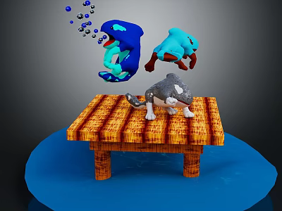 Floating Blue Cartoon Characters and Gray White Cat Standing on Wooden Platform with Bubbles 3d model