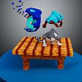 Floating Blue Cartoon Characters and Gray White Cat Standing on Wooden Platform with Bubbles