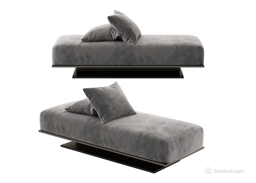 Modern Gray Velvet Sofa Bench With Soft Cushions And Black Base 3d model