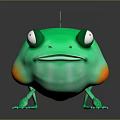 Cute Green Cartoon Frog Character Featuring Big Eyes And Orange Belly On Dark Reflective Surface