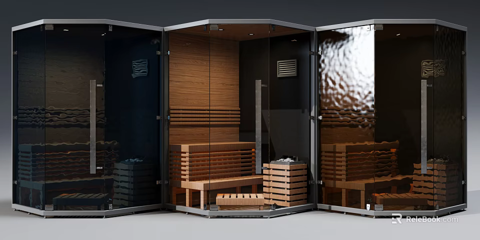 Modern Shower Sauna Interior Design With Glass Doors And Wooden Benches 3d model 