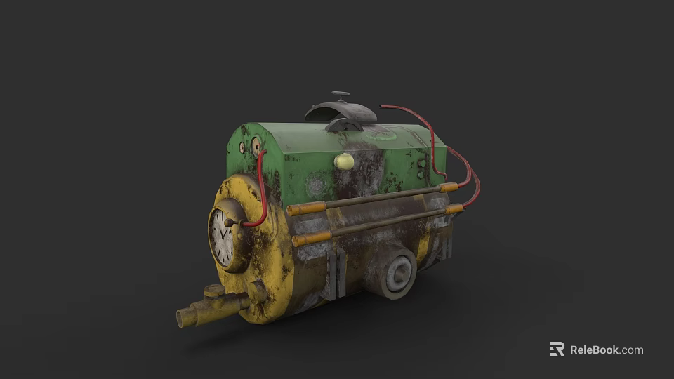 Green And Yellow Industrial Equipment With Wheels Pipes And Mechanical Parts 3d model 