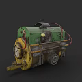 Green And Yellow Industrial Equipment With Wheels Pipes And Mechanical Parts