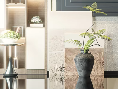 Sleek Modern Interior With Gray Stone Vase And Green Fern Plants Decor 3d model