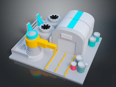 White Industrial Building With Blue Stripes Cylindrical Tanks Yellow Mechanical Arm And Colorful Barrels 3d model