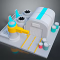 White Industrial Building With Blue Stripes Cylindrical Tanks Yellow Mechanical Arm And Colorful Barrels