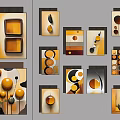 Modern Abstract Paintings With Yellow Brown Geometric Shapes And Circular Elements 3d model