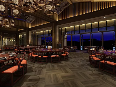 Elegant Banquet Hall Interior Design With Wooden Ceiling Chandeliers Round Tables And Orange Chairs 3d model