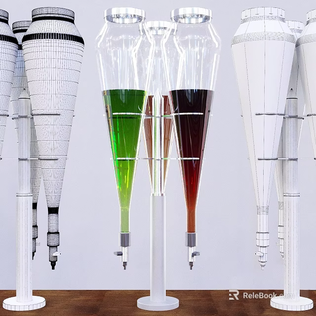 Transparent Conical Glass Containers With Green Red Liquids And White Structures 3d model 