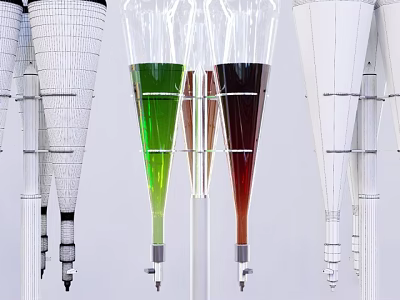 Transparent Conical Glass Containers With Green Red Liquids And White Structures 3d model