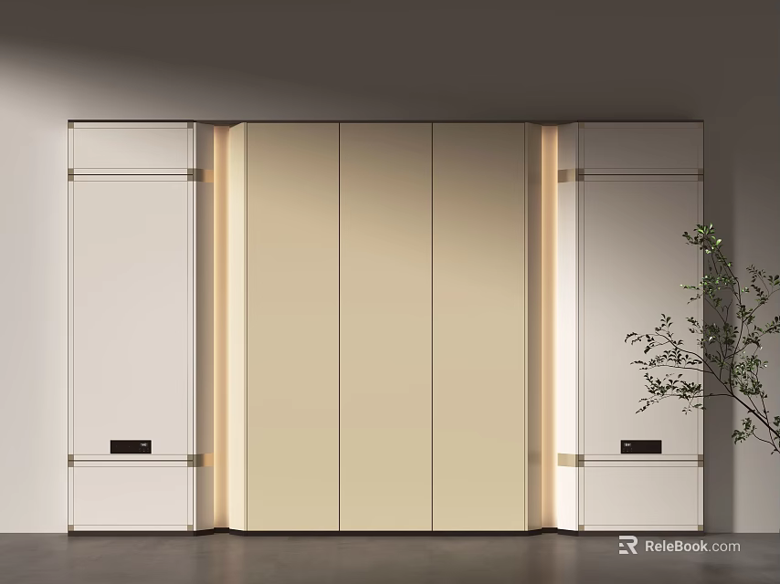 Modern Sleek Bed Backdrop Wall Design With Beige White Cabinets And Ambient Lighting 3d model 