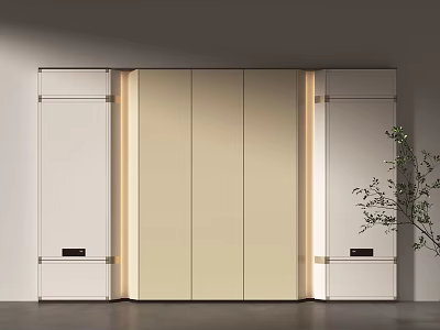 Modern Sleek Bed Backdrop Wall Design With Beige White Cabinets And Ambient Lighting 3d model