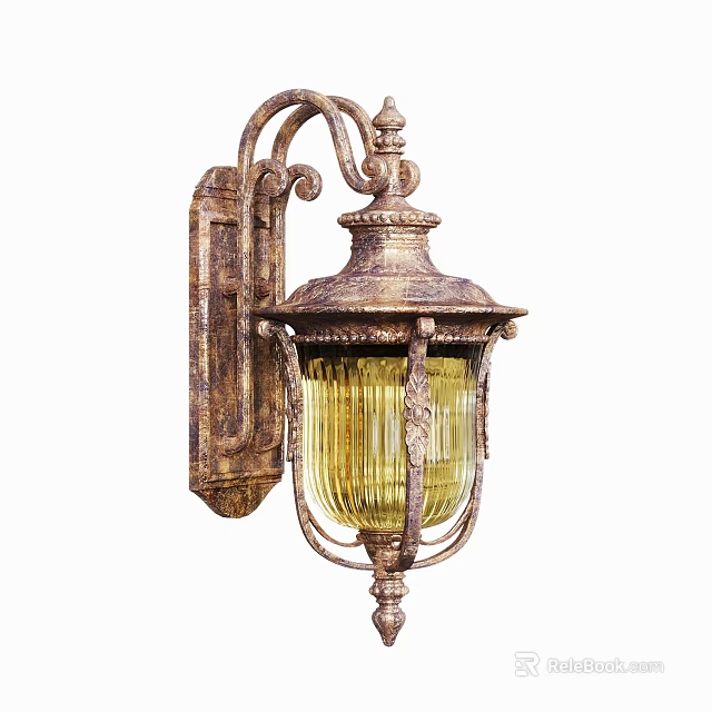 Vintage Distressed Metal Wall Sconce With Ornate Design And Ribbed Glass Shade 3d model 
