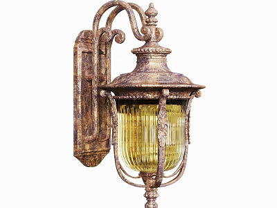 Vintage Distressed Metal Wall Sconce With Ornate Design And Ribbed Glass Shade 3d model