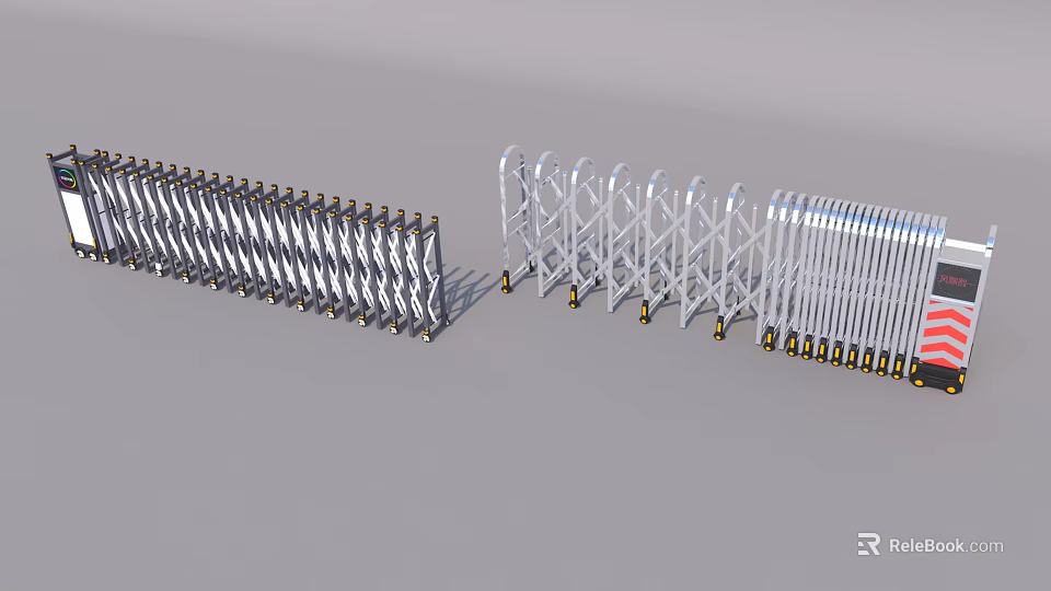 Silver Metal Retractable Gates With Expandable Sections And Bottom Support Wheels 3d model 