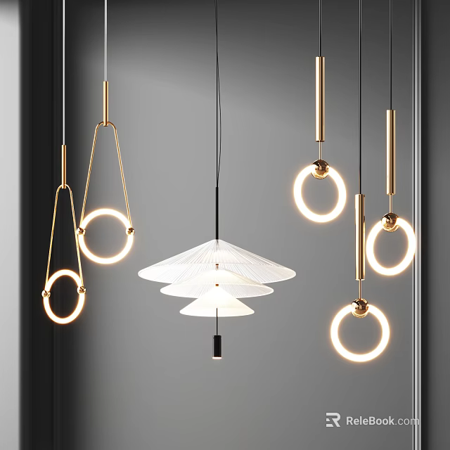 Modern Pendant Lights with Gold Frames Circular Rings and Layered White Shades 3d model 