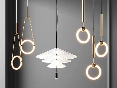 Modern Pendant Lights with Gold Frames Circular Rings and Layered White Shades 3d model