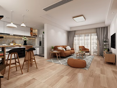 Modern Living Dining Room Interior With Wooden Flooring Brown Sofa Bar Stools And Pendant Lights 3d model