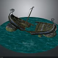Ancient Viking Longship Broken Model Display On Blue Water With Rocks 3d model