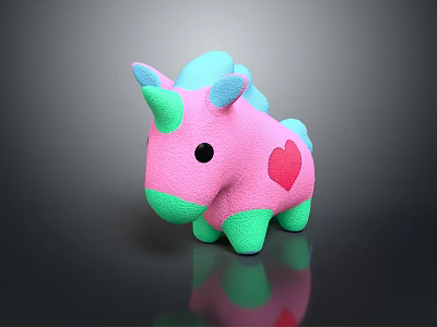 Pink Unicorn Plush Toy with Blue Horn Mane Green Hooves and Red Heart Design 3d model