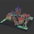 Cartoon Scenery Featuring Castle With Purple Towers Red Roofs Green Trees And Blue Water