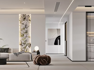 Modern Living and Dining Room Interior with Neutral Tones Sofa Wall Art and Decorative Accents 3d model
