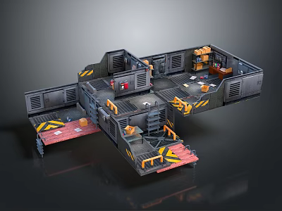 Industrial Metal Platform Structure With Connected Walkways Warning Stripes And Equipment Crates 3d model