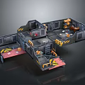 Industrial Metal Platform Structure With Connected Walkways Warning Stripes And Equipment Crates