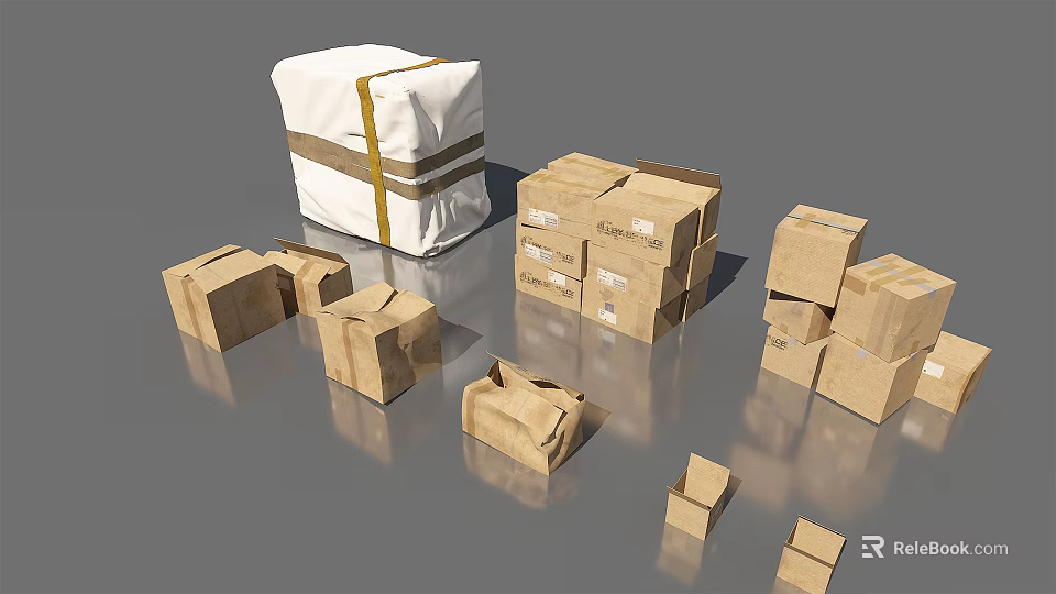 Various Cardboard Boxes And White Wrapped Package With Brown Straps On Gray Surface 3d model 