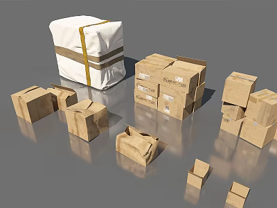 Various Cardboard Boxes And White Wrapped Package With Brown Straps On Gray Surface 3d model