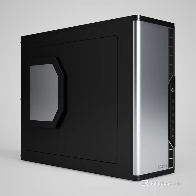 Modern Black and Silver PC Case with Octagonal Transparent Window and Sleek Front Panel Design 3d model