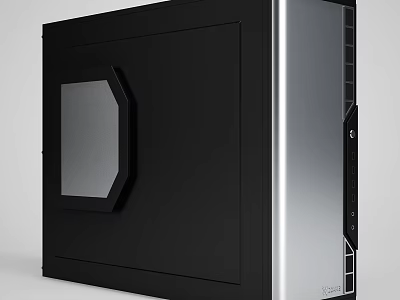 Modern Black and Silver PC Case with Octagonal Transparent Window and Sleek Front Panel Design 3d model