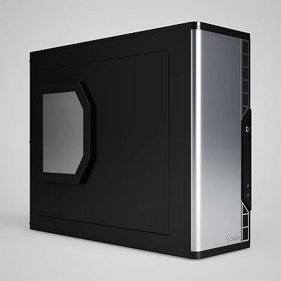 Modern Black and Silver PC Case with Octagonal Transparent Window and Sleek Front Panel Design 3d model
