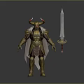 Mythical Man In Gold And Red Armor With Horned Helmet Cloak And Long Sword