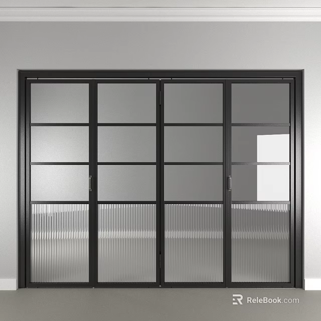 Modern Black Framed Ribbed Glass Panel Folding Door for Interior Decoration 3d model