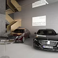 Modern Car Showroom Interior Design With Luxury Vehicles And Staircase Display Sign
