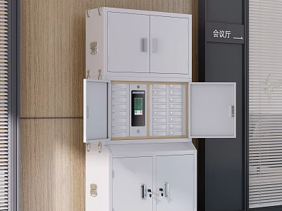 Modern Meeting Room With White Storage Cabinets Multiple Compartments And Smart Control Panel 3d model