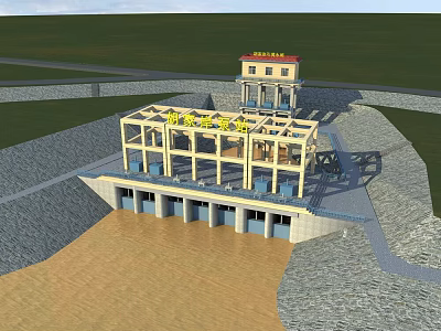 Water Control Structure With Concrete Gates And Control Building Near River Area 3d model