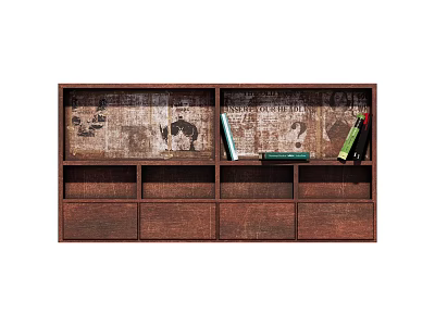 Rustic Brown Wooden Bookshelf With Vintage Textured Backboard And Colorful Books 3d model