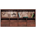 Rustic Brown Wooden Bookshelf With Vintage Textured Backboard And Colorful Books