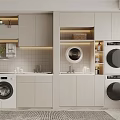 Modern Bathroom Cabinet With Washing Machines Sink Potted Plant And Tiled Wall