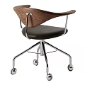 Modern Office Chair With Wooden Back Leather Seat And Metal Base Wheels Design