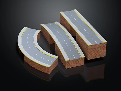 Curved And Straight Road Segment Models With Brick Base Gray Pavement White Lane Lines 3d model