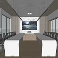 Modern Conference Room With Long White Table Black Office Chairs Large Screen And Windows