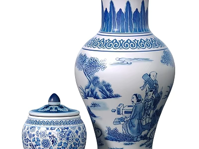 Traditional Blue and White Ceramic Wares with Landscape Figures and Lidded Jar Design 3d model