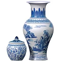 Traditional Blue and White Ceramic Wares with Landscape Figures and Lidded Jar Design