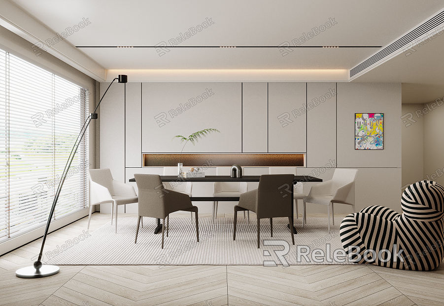 Modern Dining Room Dining Table and Chair Floor Lamp Single Person Green Plant Single Chair Decorative Painting Venetian Blinds Carpet model